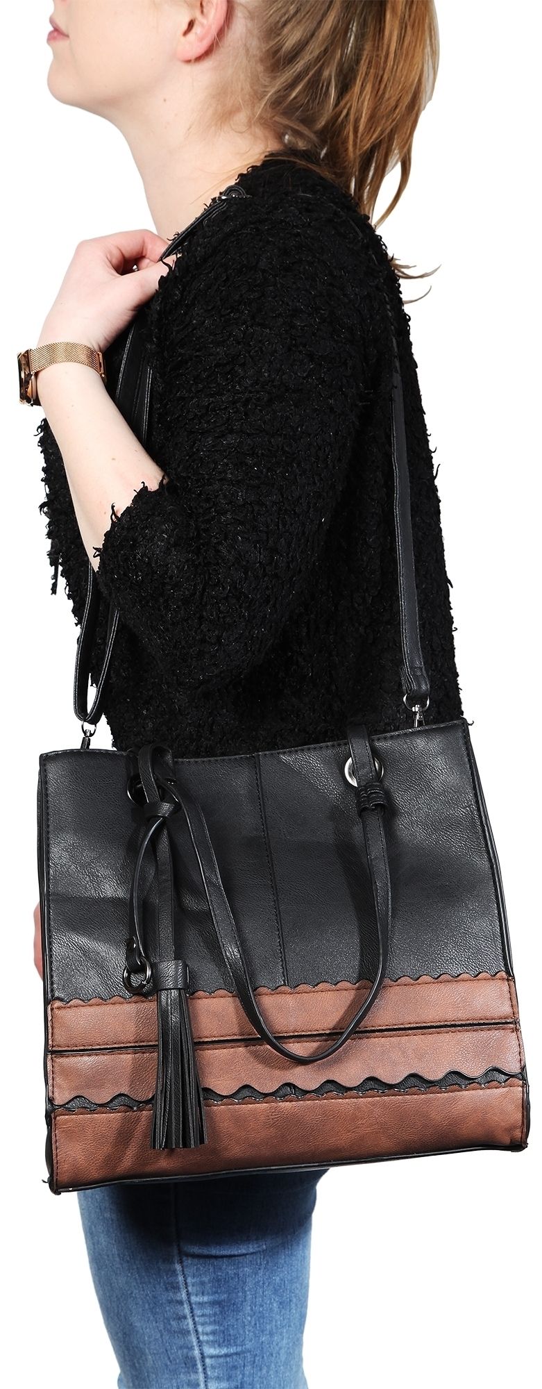 Damen Handtasche aus Lederimitat, Schwarz/ Braun