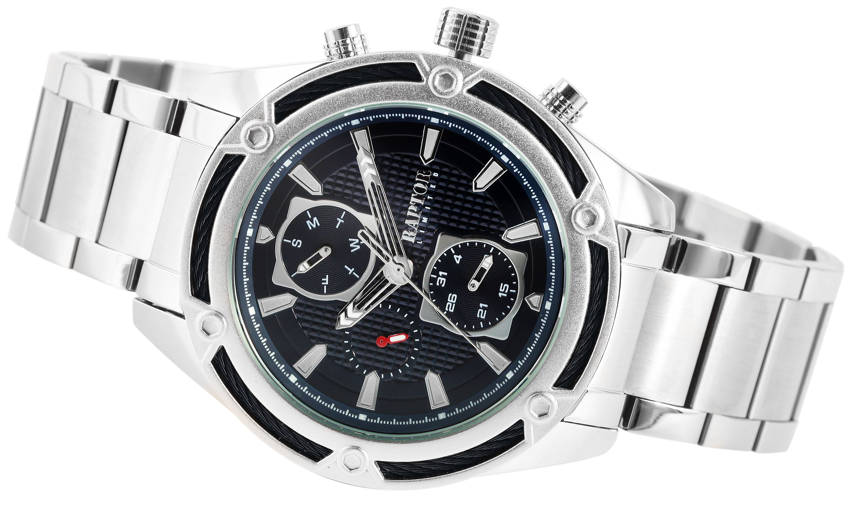 Raptor Limited Herrenuhr "Maher" mit Edelstahlarmband und Multifunktionsanzeige, silberfarben/schwarz