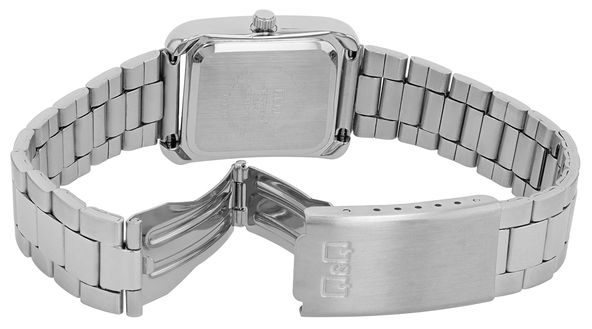 Q&Q Damenuhr (rechteckiges Gehäuse 30 × 22 mm), Edelstahlband, silberfarben/ weiß