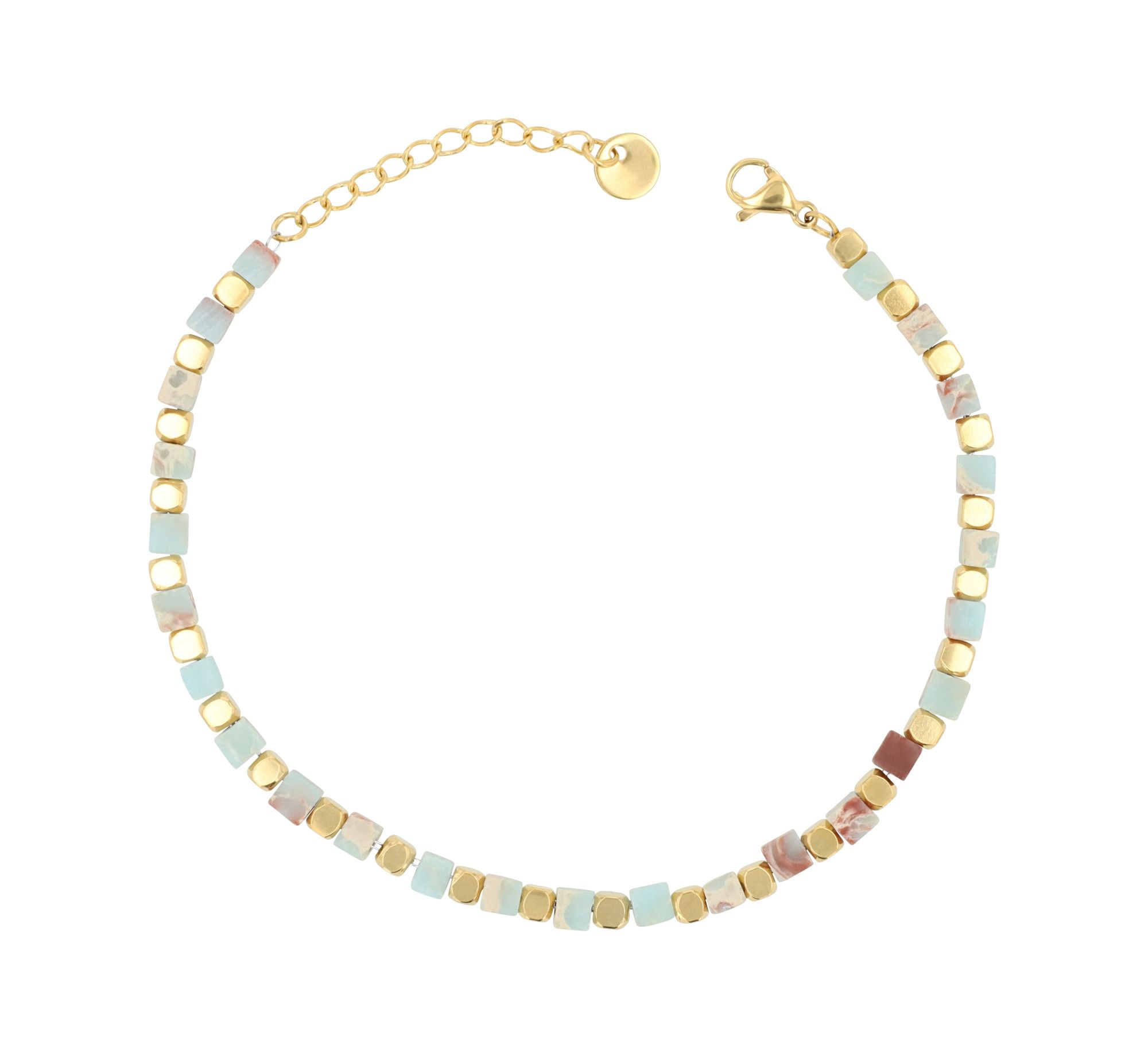 "Trix" Armband aus Edelstahl & Calcit Edelsteinen, 17 + 3 cm, goldfarben