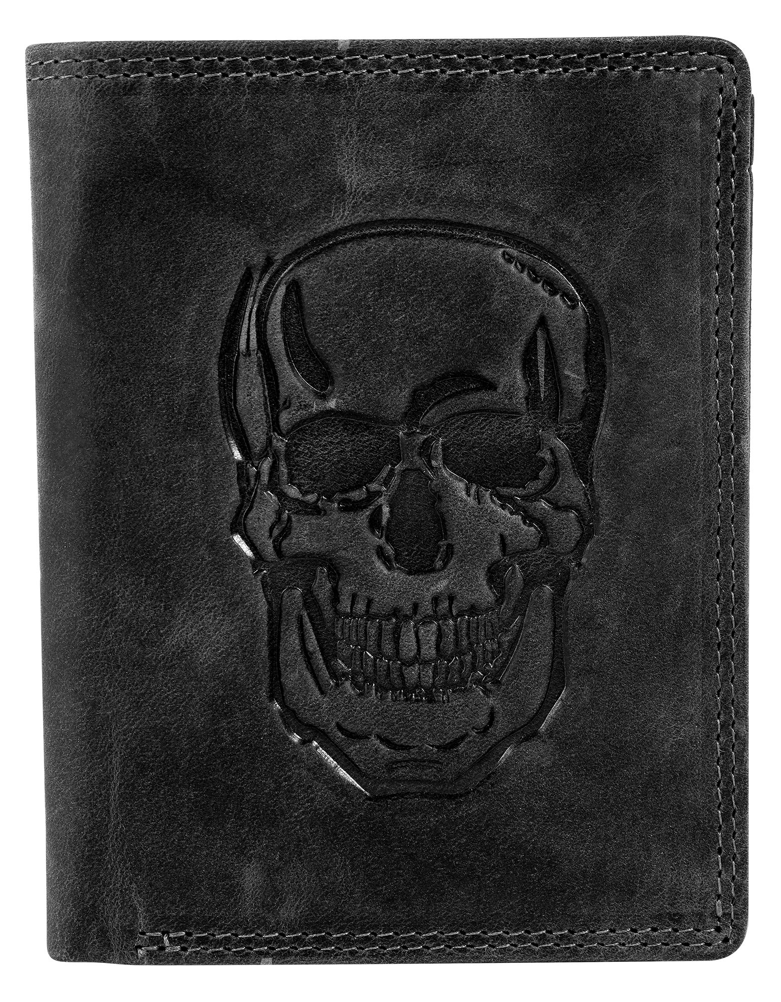 Akzent Echt Leder (Hunter-Leder) Geldbörse, RFID, Hochformat, "Totenkopf", schwarz