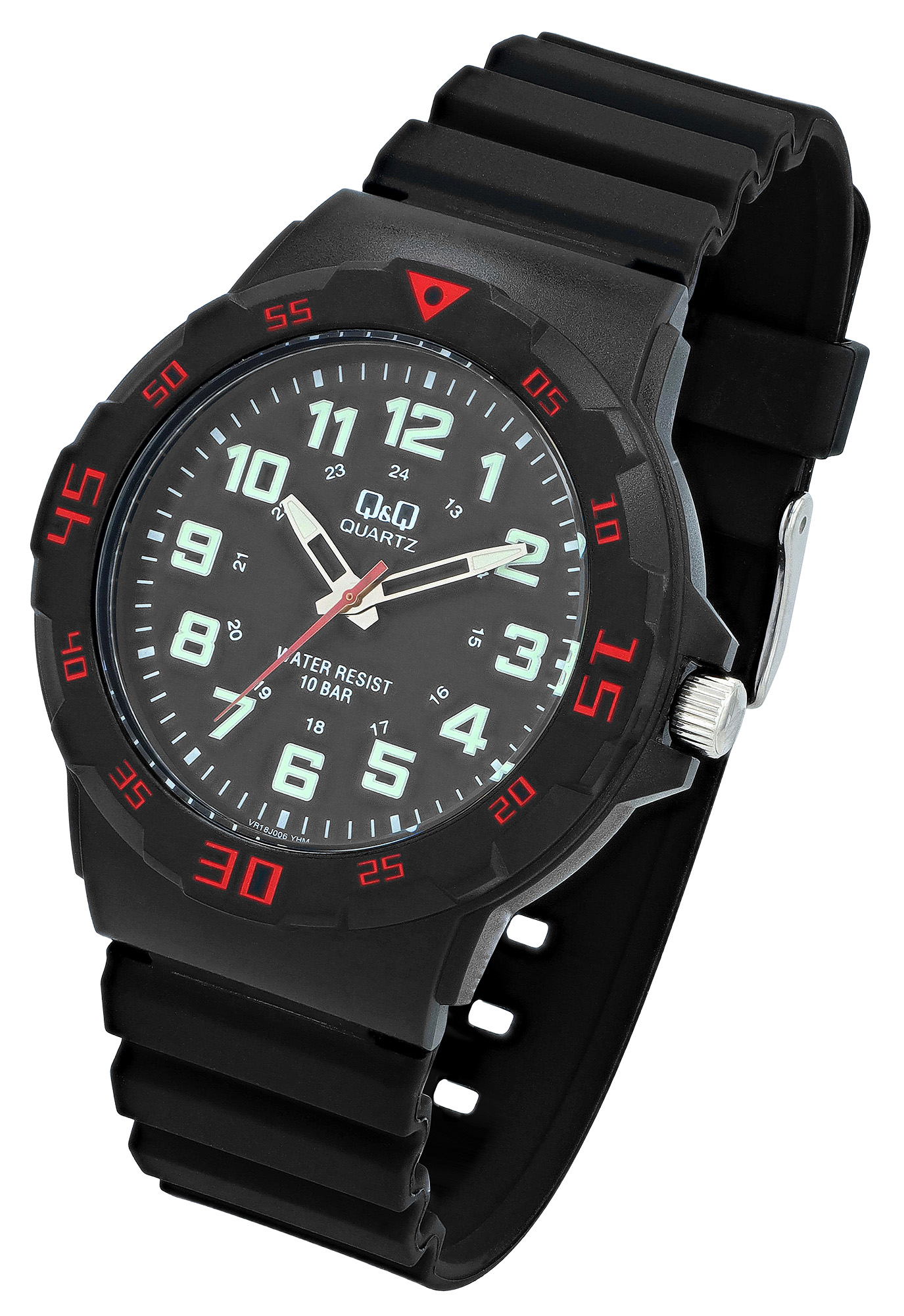 Q&Q Herrenuhr mit Silikonarmband, Ø 43 mm, schwarz/ rote Details