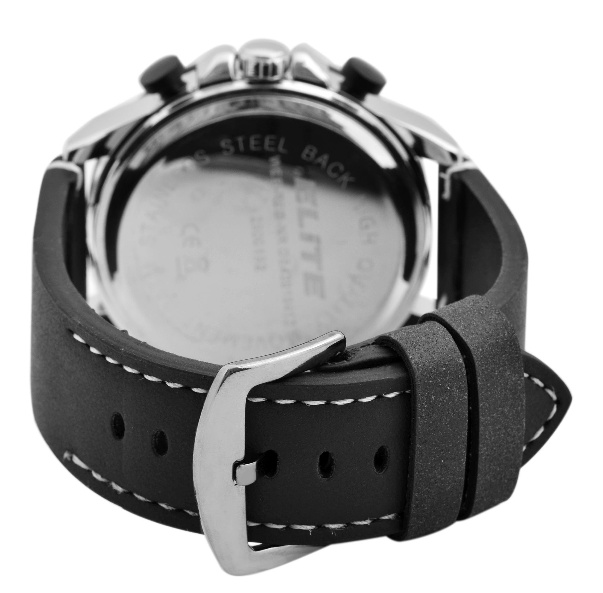 Elite Herren Chronograph mit Lederimitationsband, 3ATM, Schwarz