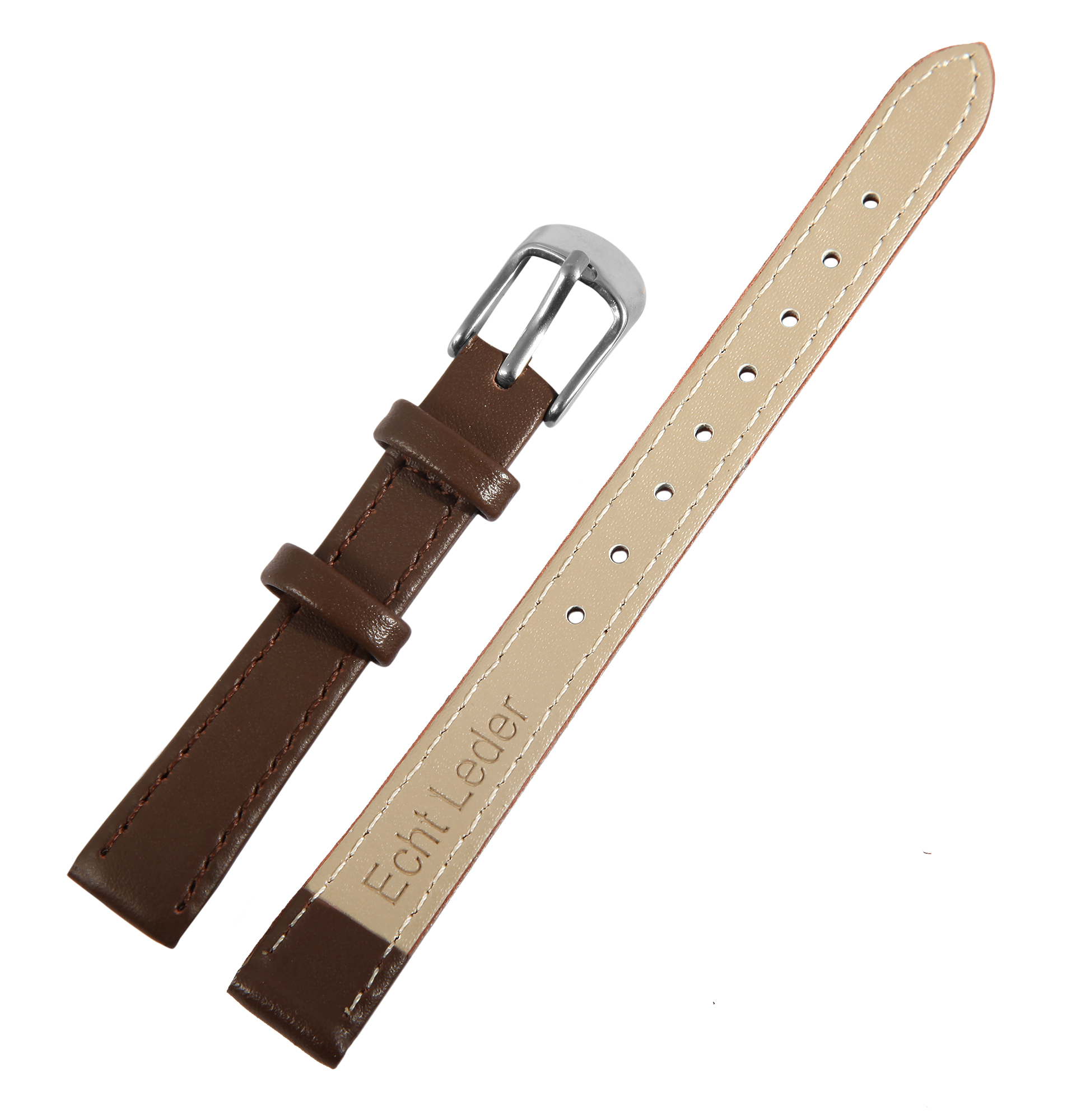 Echtleder-Uhrenarmband, braun/ silberfarben, 10 mm