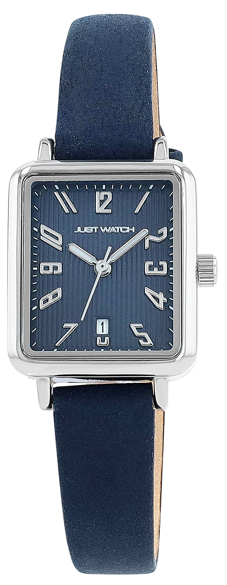 JUST WATCH Damenuhr "Aveline" mit Echtlederband, eckiges Design, blau/ silberfarben