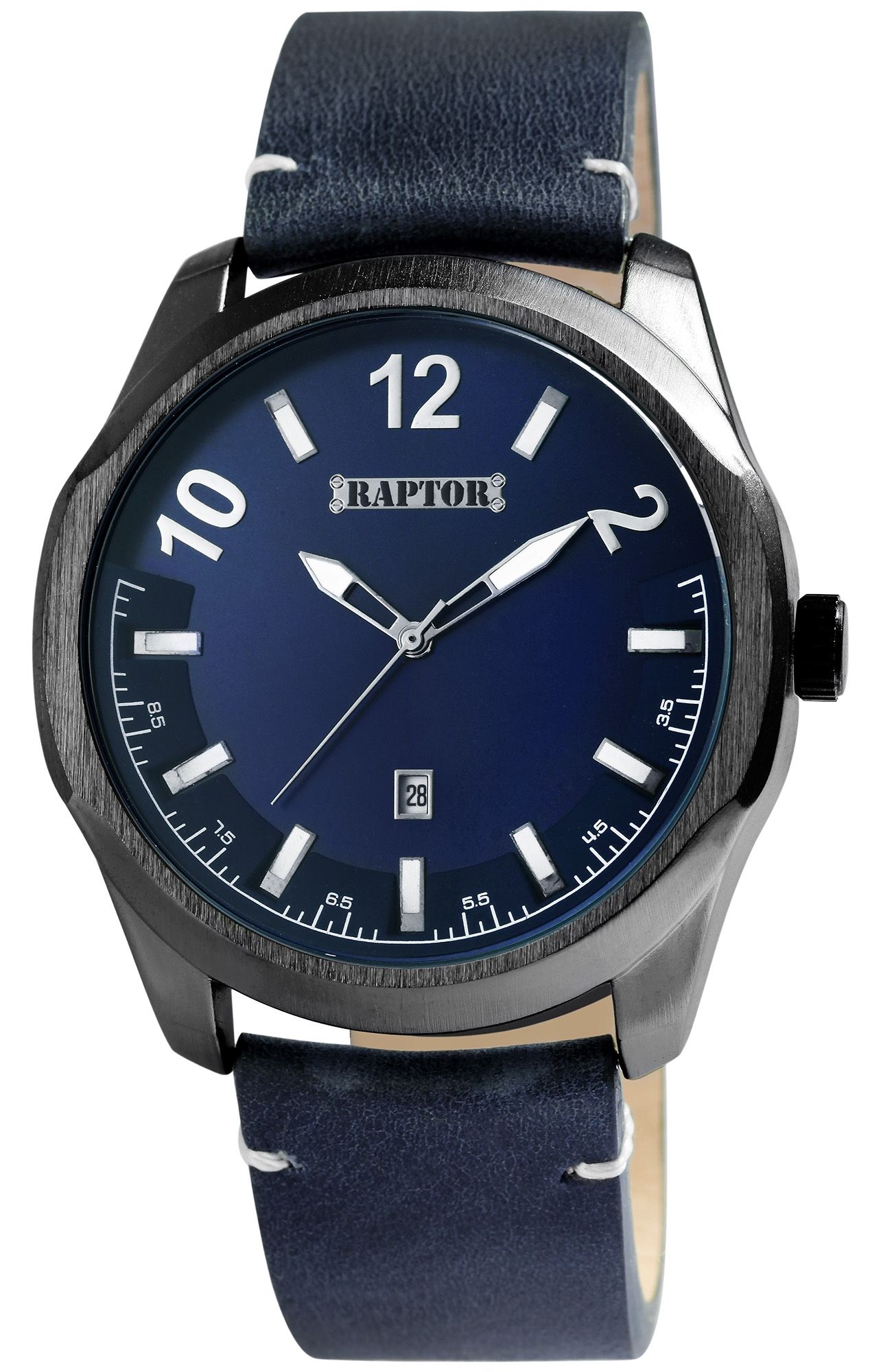 Raptor Herrenuhr "Charley" mit Echtlederarmband, Datumsanzeige, blau