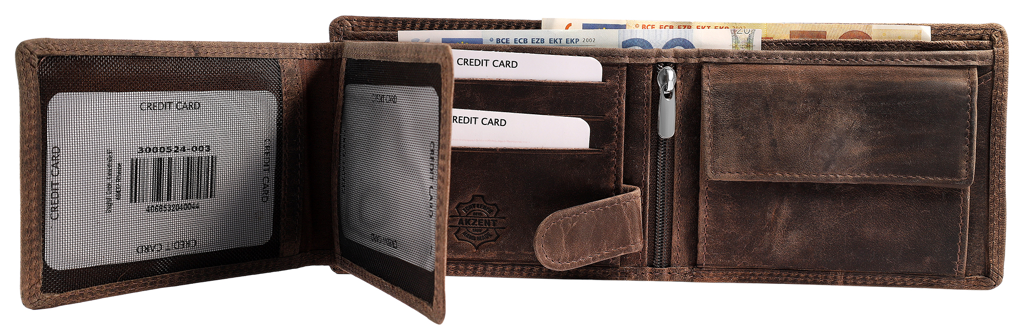 Akzent Echt Leder (Hunter-Leder) Geldbörse, RFID, Querformat, "Fischer/ Angler", braun