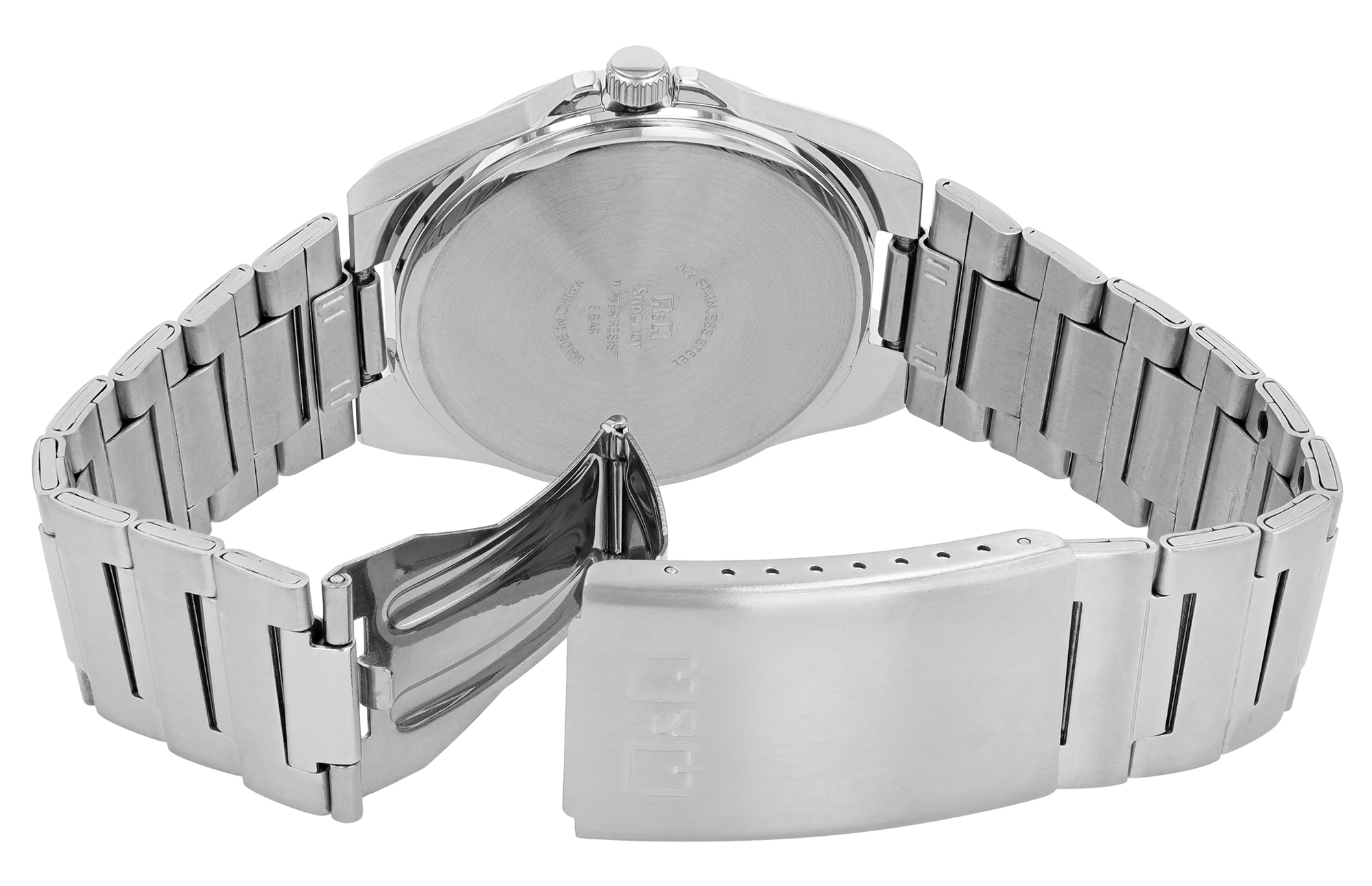 Q&Q Superior Herrenuhr Ø 40 mm, Edelstahlgehäuse, Edelstahlband, silberfarben/schwarz