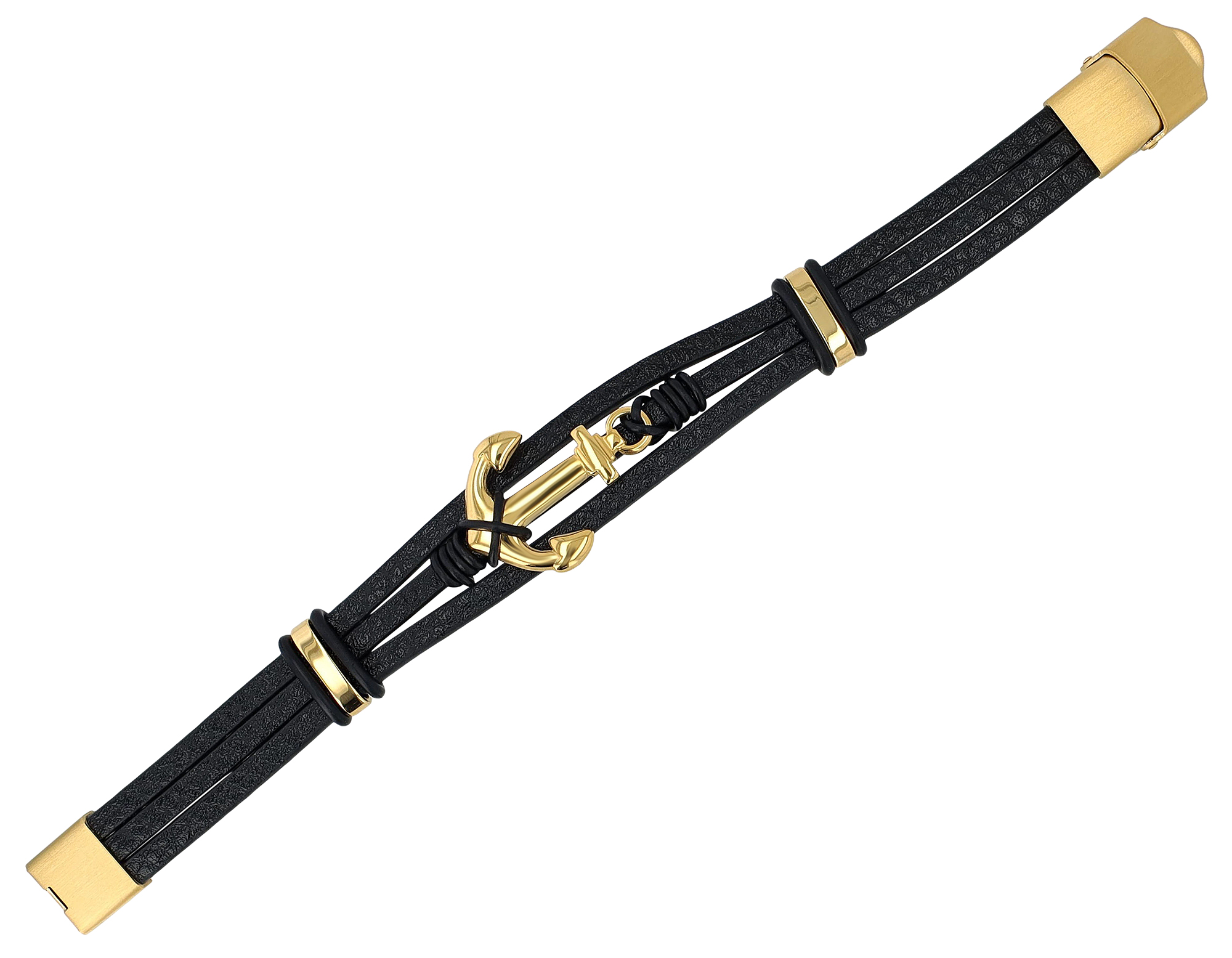 "Baltura", Akzent Lederarmband, Edelstahl Anker, schwarz/goldfarben, 19 cm