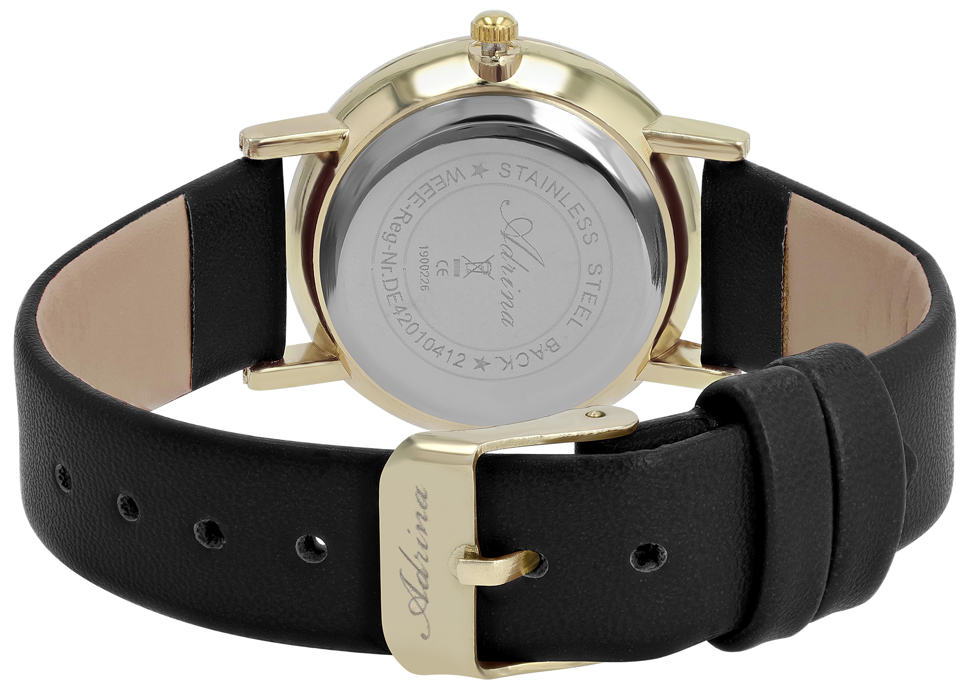 Adrina Damenuhr mit Lederimitationsband, Ø 32 mm, schwarz/ goldfarben