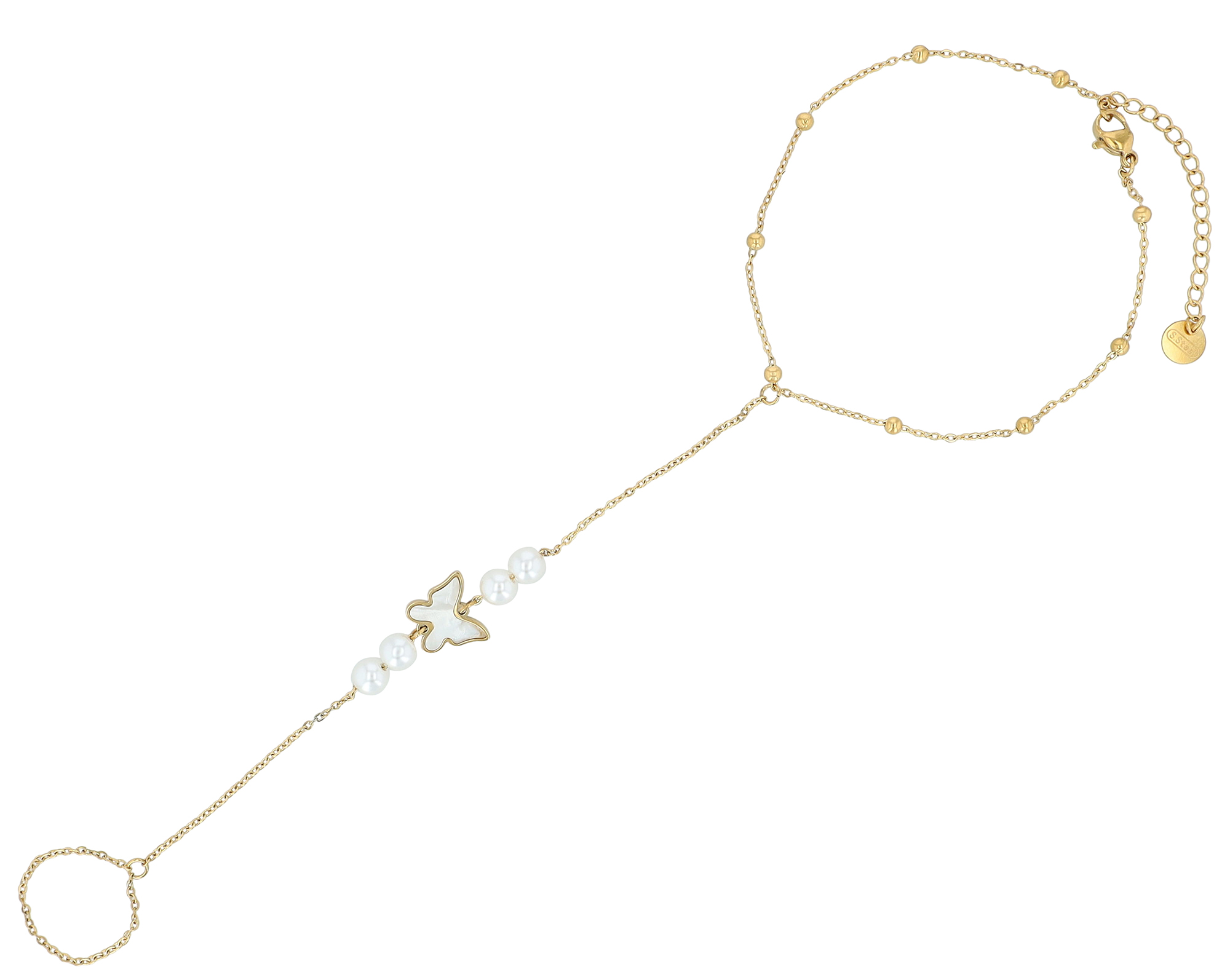 "Daisy" Fußkette mit Zehenring, Schmetterling und Perlen, goldfarben, 21 + 5 cm