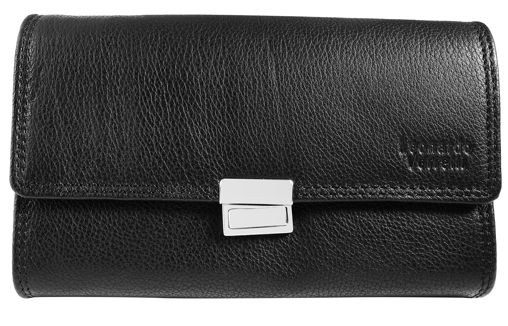 Leonardo Verrelli, Echtleder Kellner-Geldbörse, mit Tasche u. Kette, Tuck Lock-Verschluss, klein, schwarz