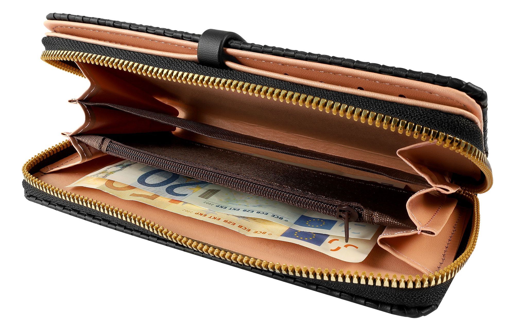 Damengeldbörse aus Lederimitat, gewebtes Design, schwarz