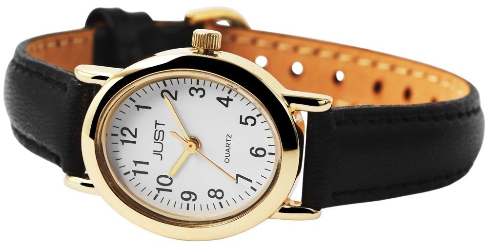 Just Damenuhr mit schwarzem Echtlederarmband, goldfarben, Edelstahldornschließe