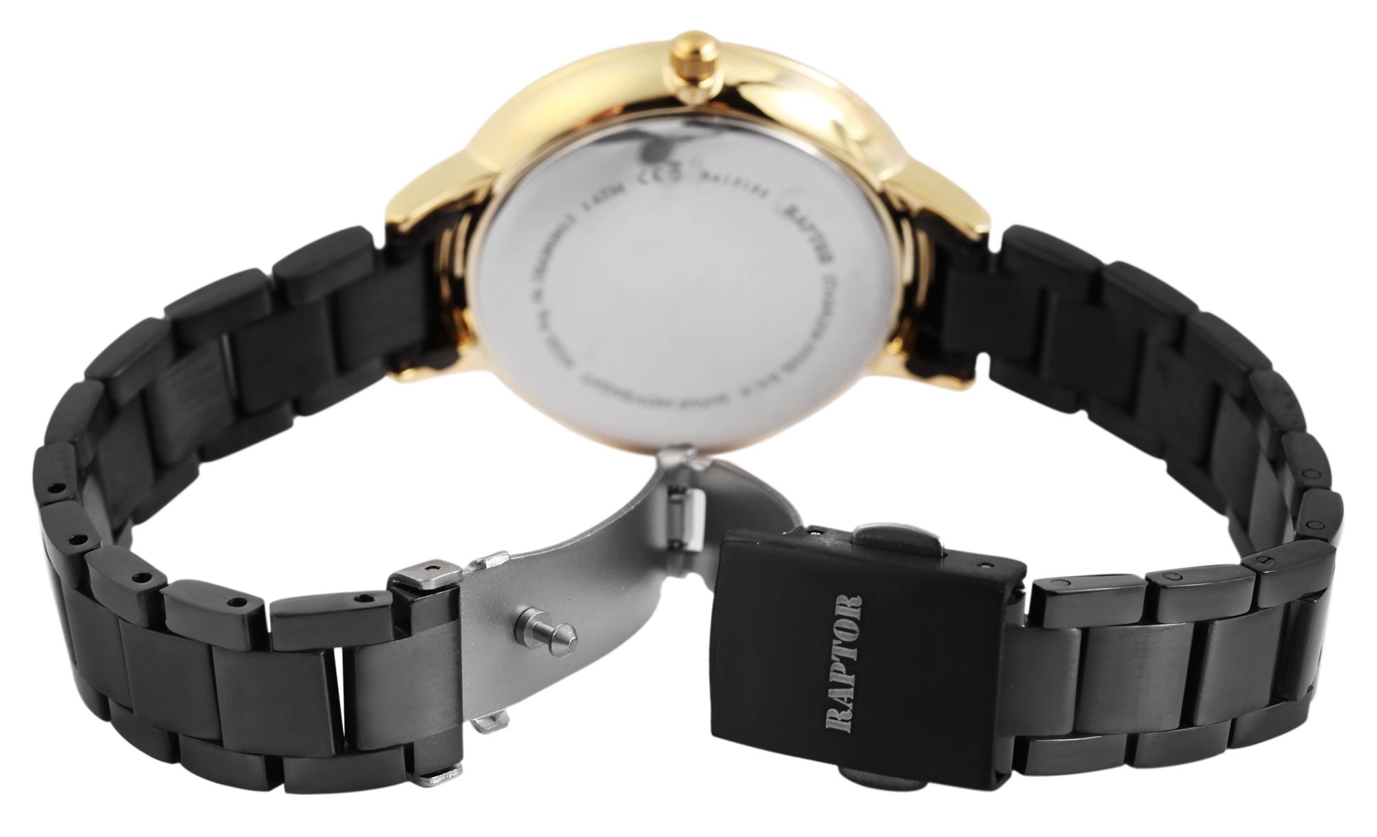 Raptor Damenuhr "Wild" mit Edelstahlarmband, Leoprint, schwarz/goldfarben