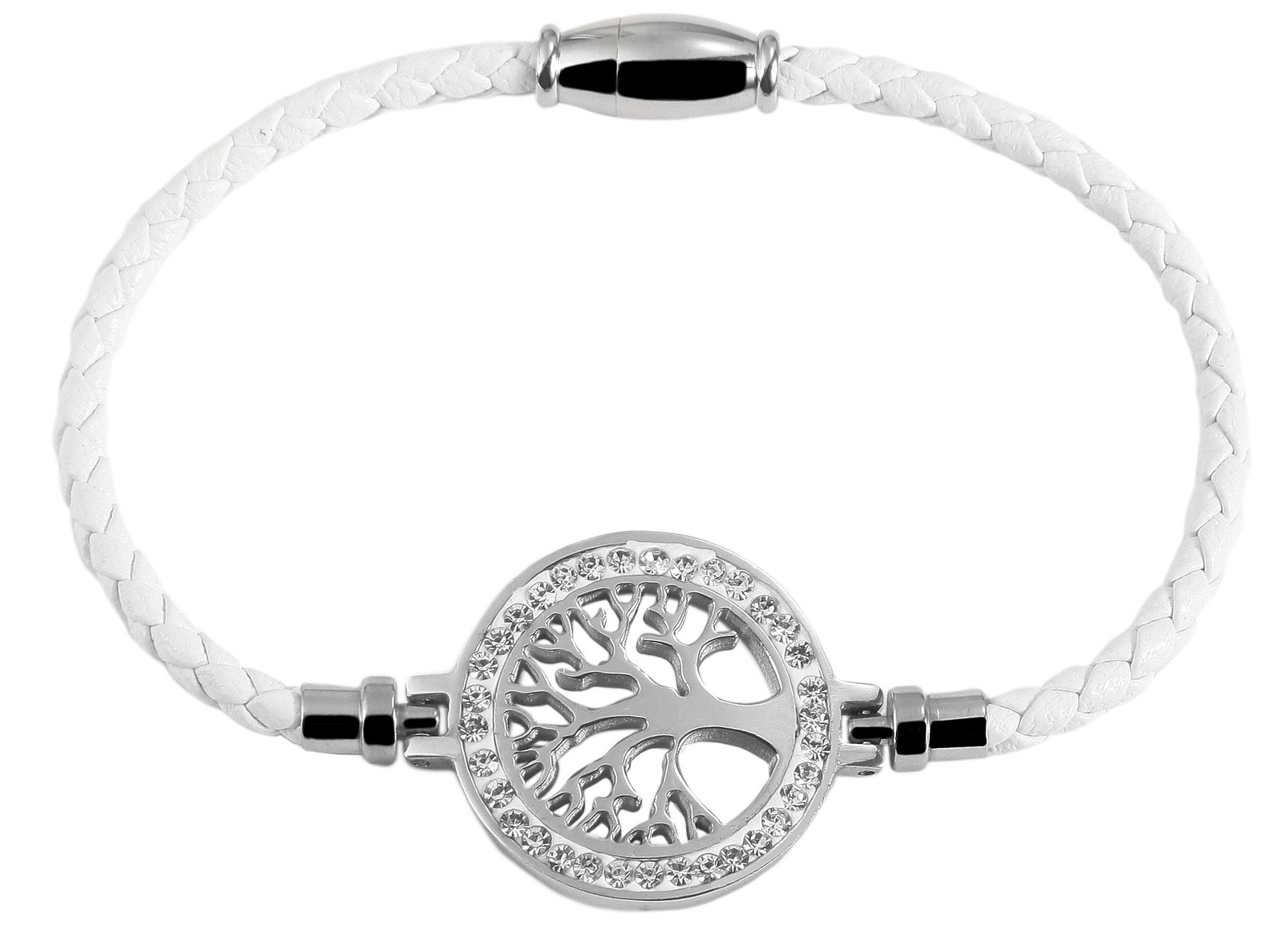 Akzent Armband aus Lederimitat, geflochten mit Edelstahlelement Lebensbaum, weiß/silberfarben