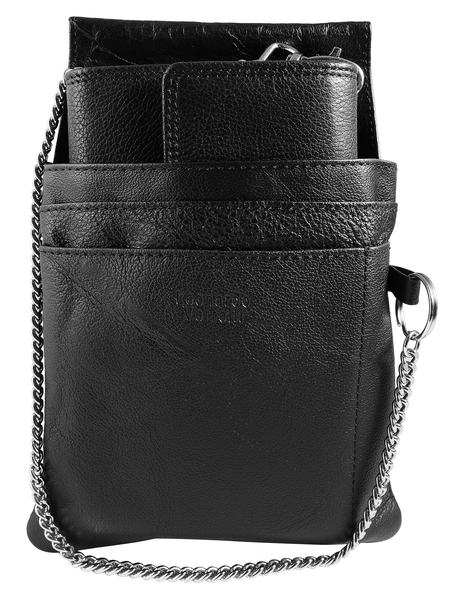 Leonardo Verrelli, Echtleder Kellner-Geldbörse, mit Tasche u. Kette, Tuck Lock-Verschluss, klein, schwarz