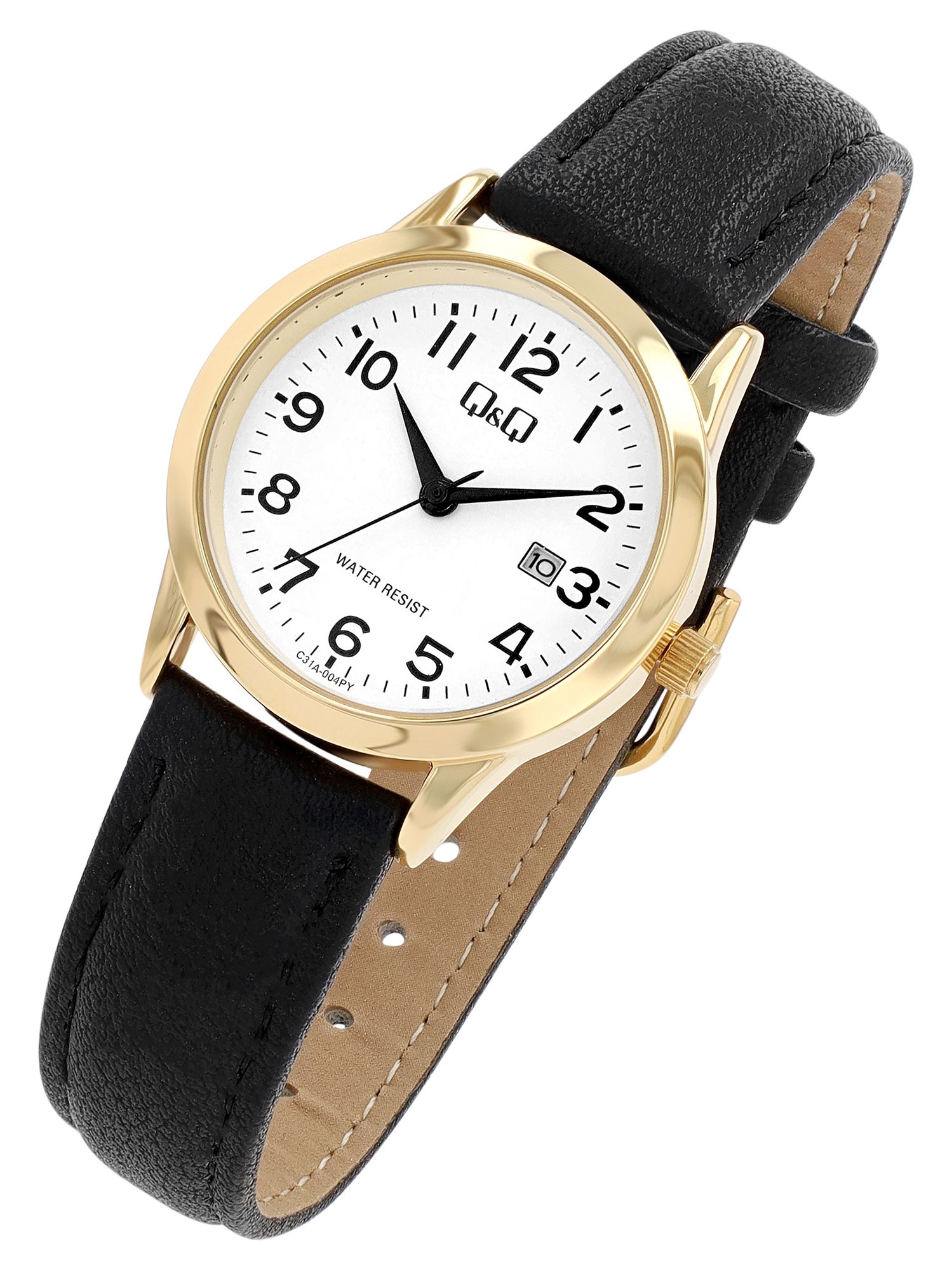 Q&Q Lederbanduhr für Damen, Datumsanzeige, schwarz/goldfarben