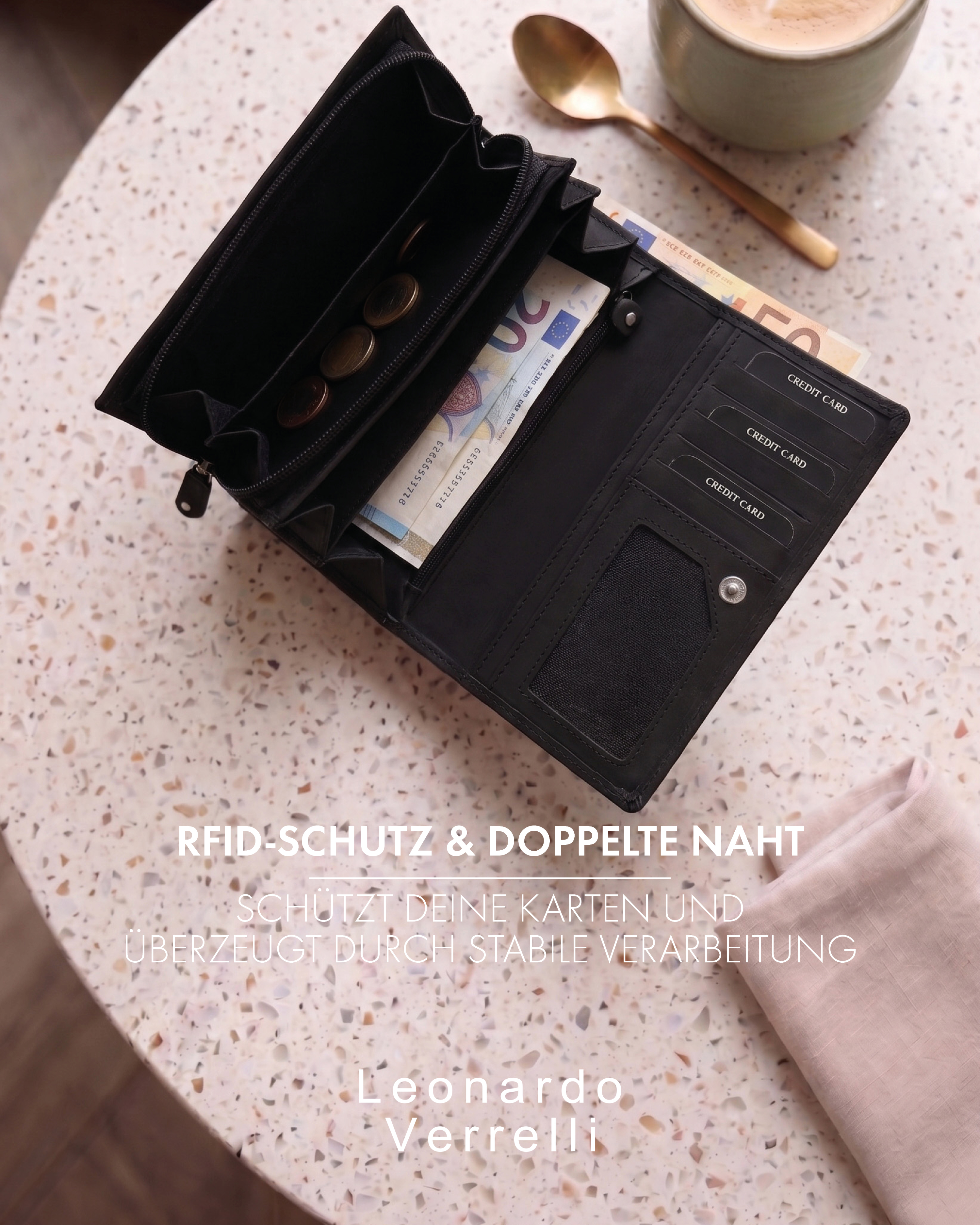 Leonardo Verrelli Echtleder (Hunter) Damen Geldbörse, Querformat, RFID, schwarz