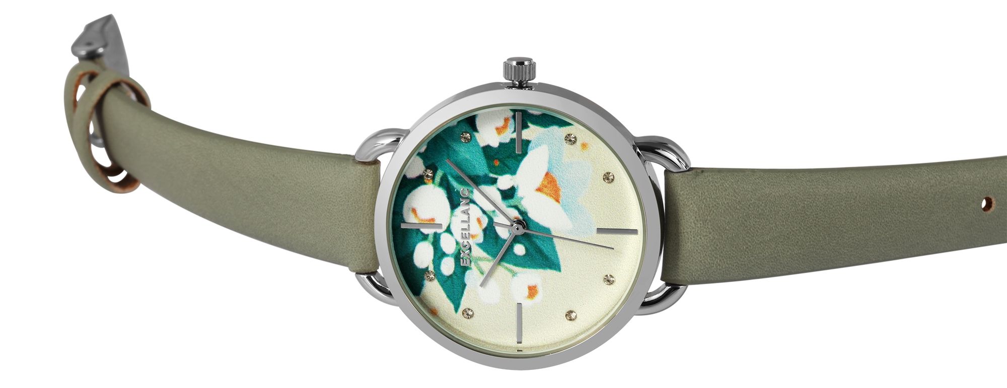 Excellanc Damenuhr mit Lederimitationsarmband, floral, mint