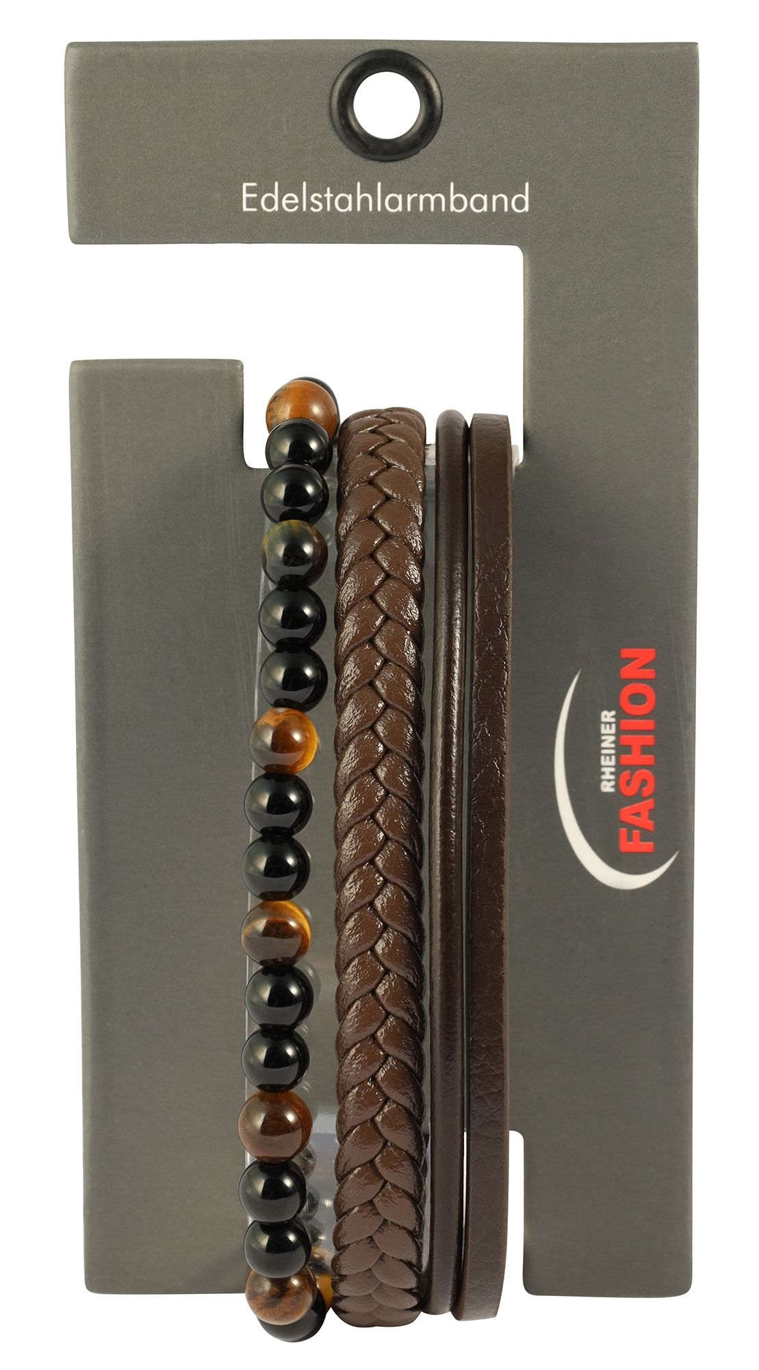 "Nando" - 21 cm, Armband aus Lederimitat, brauner Tigerauge und Onyx, 4-VE