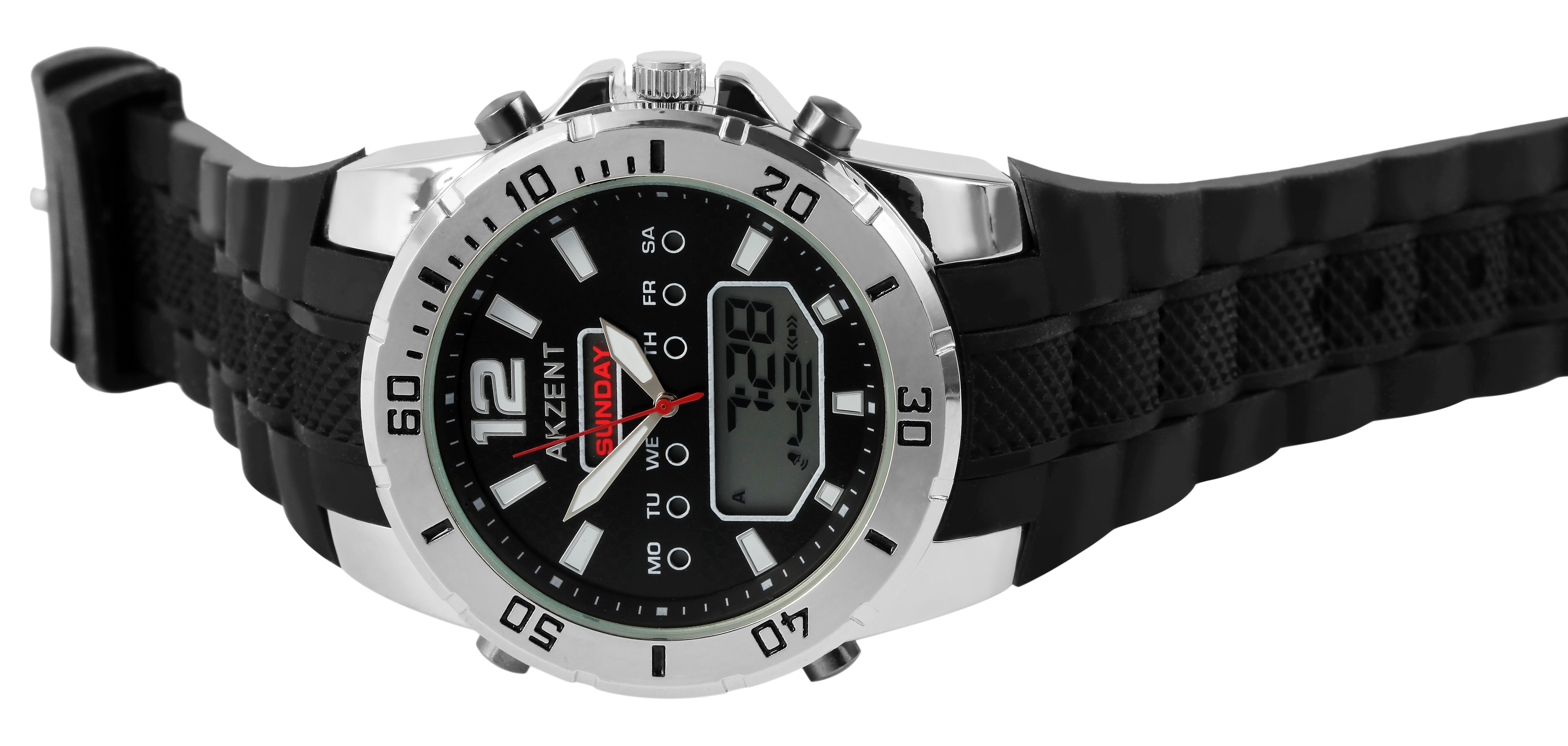 Akzent Analog-Digital Herrenuhr mit Silikonarmband, schwarz/silberfarben