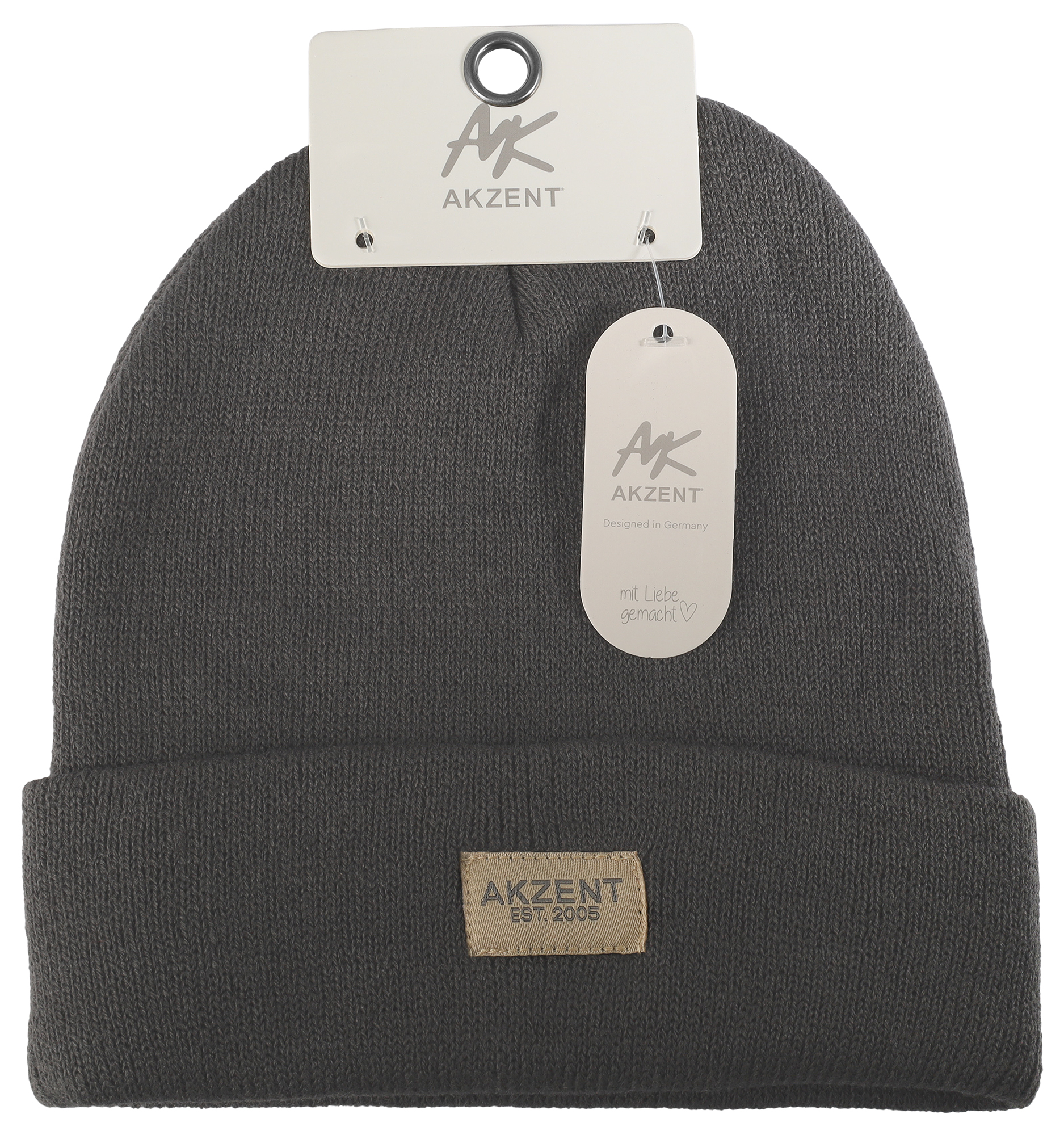 Akzent Strickmütze/ Beanie mit Umschlag, 100% Acryl, 4-VE, grau