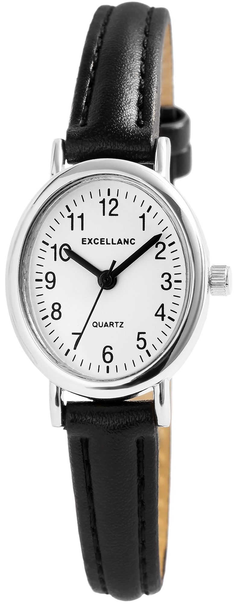 Excellanc ovale Damenuhr, Lederimitatband, schwarz/ silberfarben/ weiß