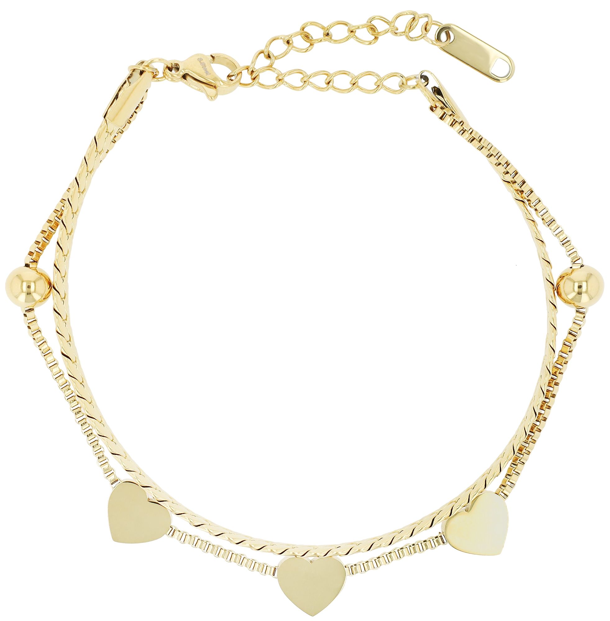 "Roxane" 2 Layering Armband, Edelstahl, Herzen & Kugeln, 17+5 cm, goldfarben