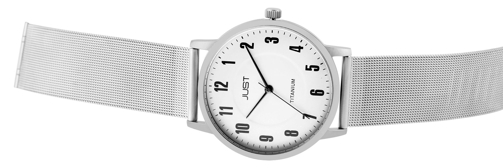 Just Titan Herrenuhr mit Edelstahl-Milanaisearmband, 5 ATM, graues ZB/schwarze Ziffern