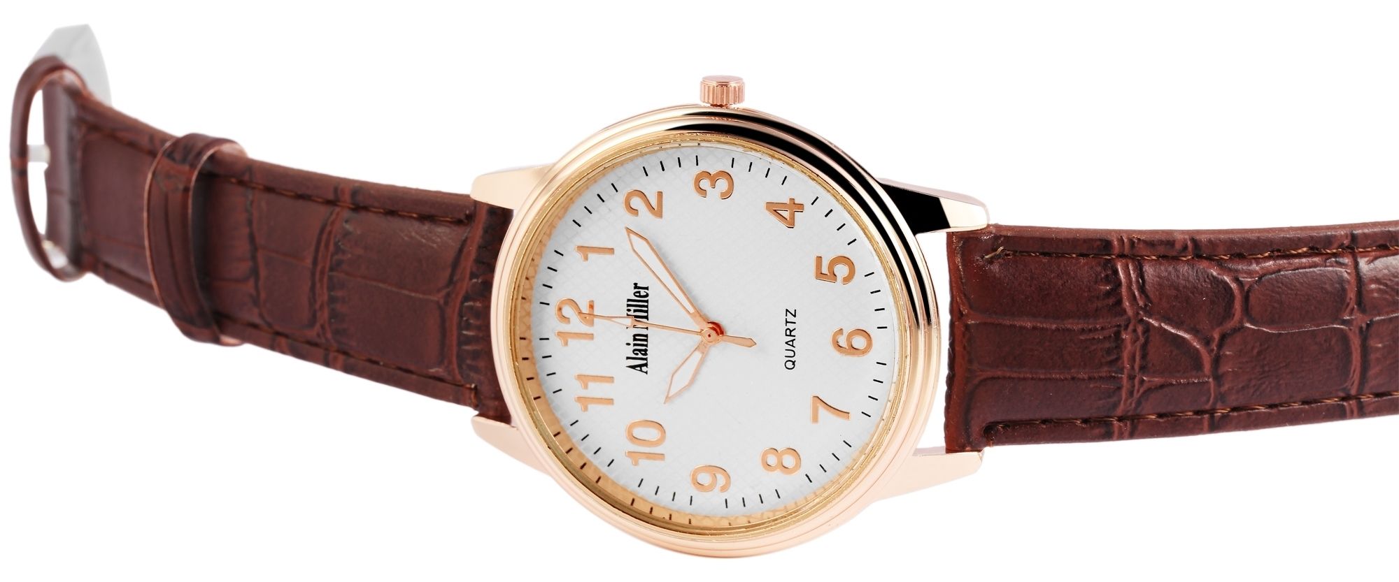 Alain Miller Herrenarmbanduhr mit Lederimitationsarmband, roségoldfarben/braun