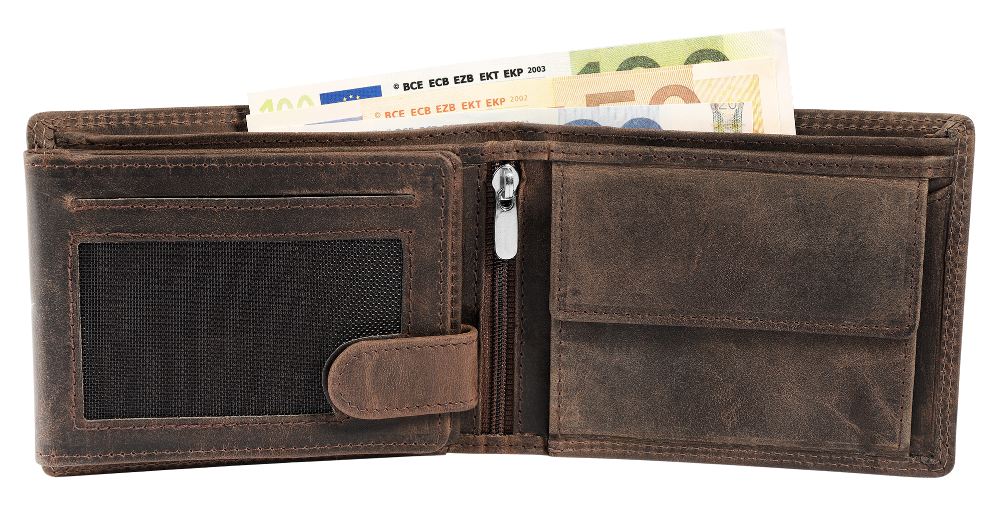 Akzent Echt Leder (Hunter-Leder) Geldbörse, RFID, Querformat, "Totenkopf", dunkelbraun