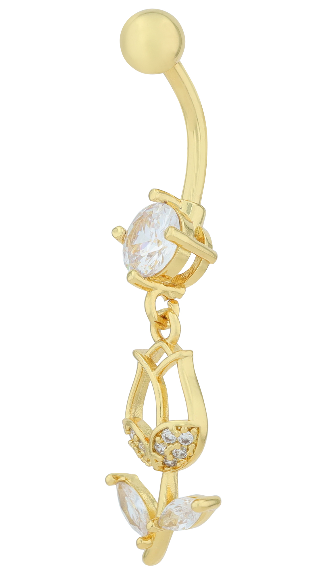 "Tilly" Edelstahl-Bronze Bauchnabelpiercing, Stablänge 12 mm/ Stabstärke 1,8 mm, Blütenanhänger, Zirkonia, goldfarbig