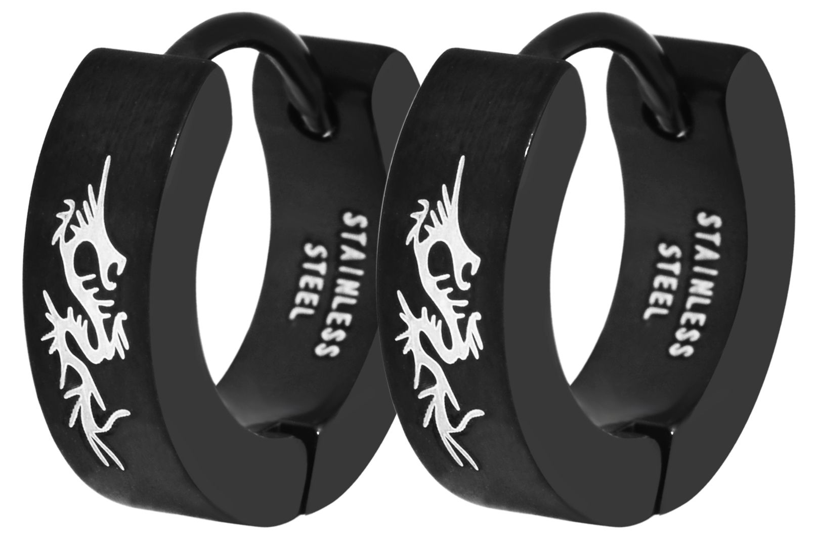 "Spyro" Edelstahl Creolen Ø 9 mm (Herren) - Drachen-Tribal-Muster, schwarz