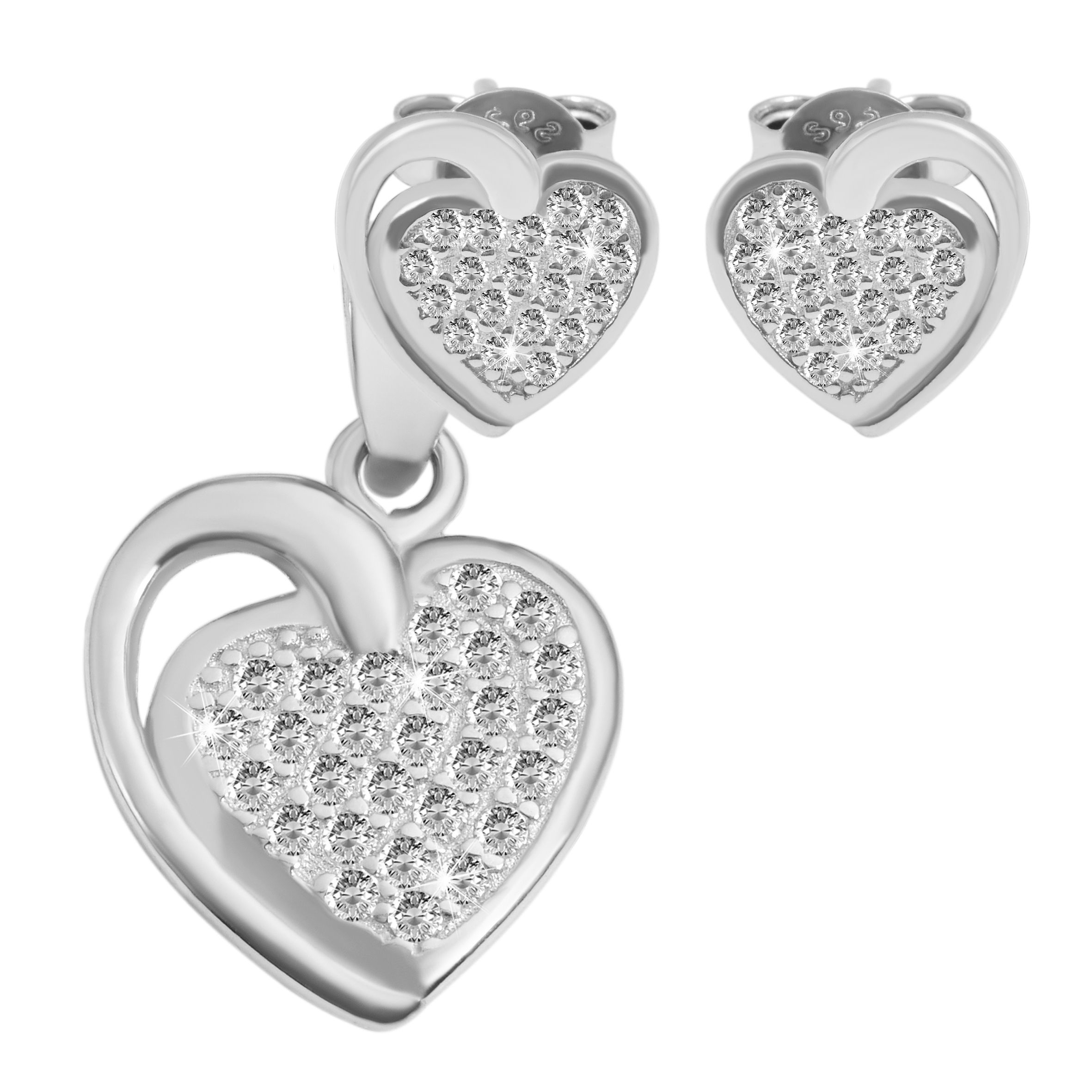 "Keoma", 925/- Echt Silber Schmuckset (Ohrstecker & Anhänger) Herz, Zirkonia, rhodiniert