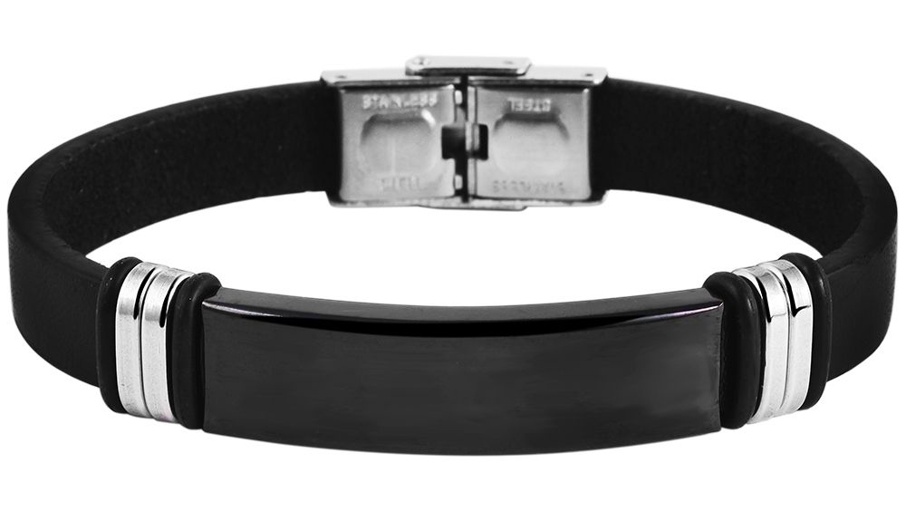 "Lenn", Akzent Echtlederarmband mit Edelstahlgravurplatte, schwarz/schwarz