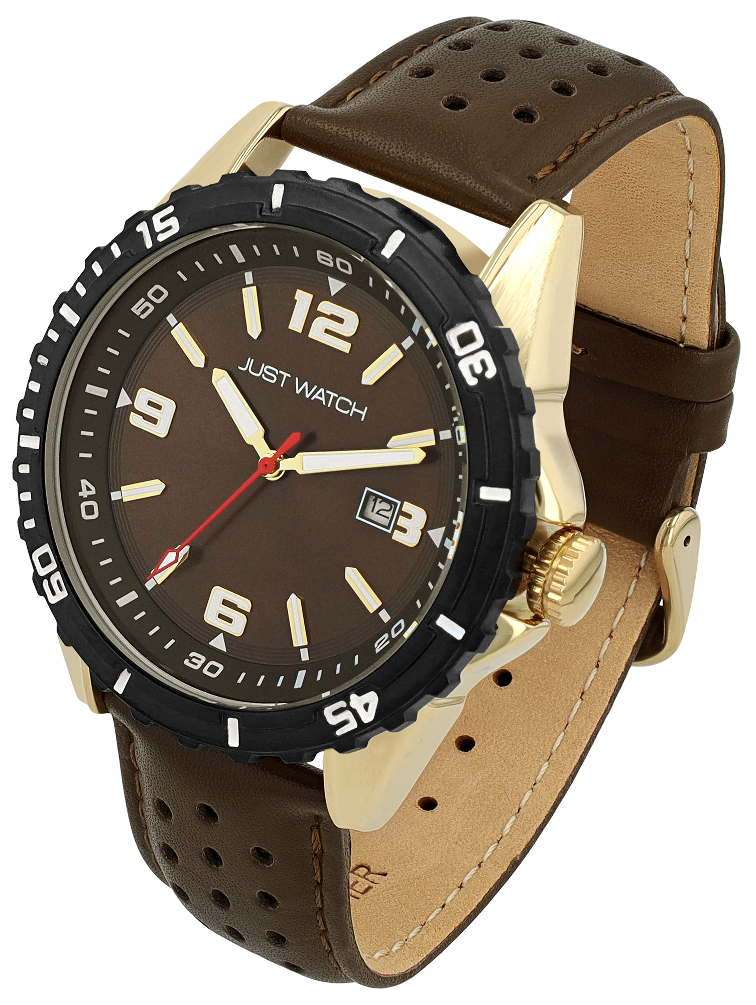JUST WATCH Herrenuhr "Elwin"  mit Echt Lederband, Ø 43 mm, braun/ goldfarben/ schwarz