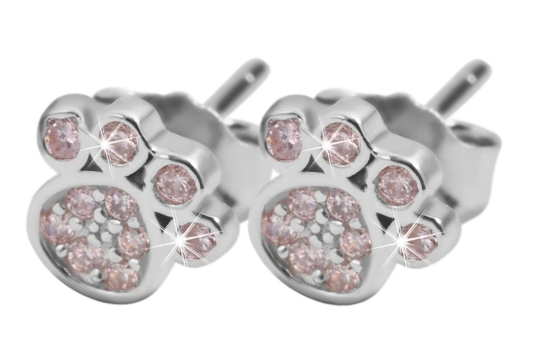 "Samtpfötchen Dorina" 925/rh Echt Silber, Kinder Ohrstecker - Pfoten, Zirkonia rosa, rhodiniert