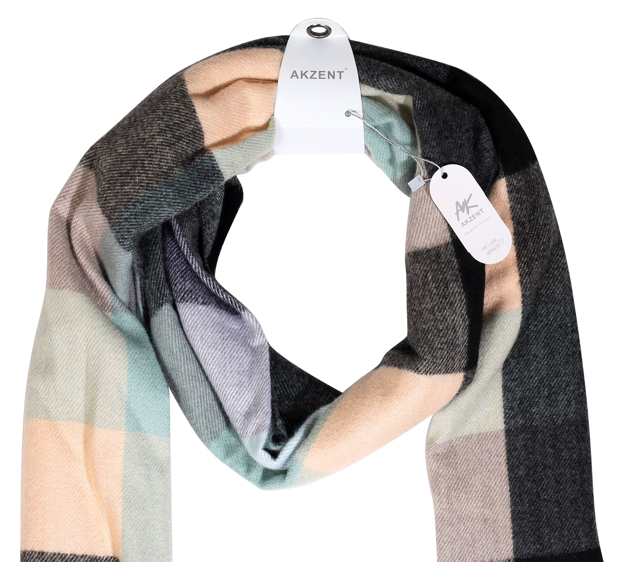 Winterschal Karo-Muster, mehrfarbig (schwarz/ beige/ mint), 100% Viskose, VE 4