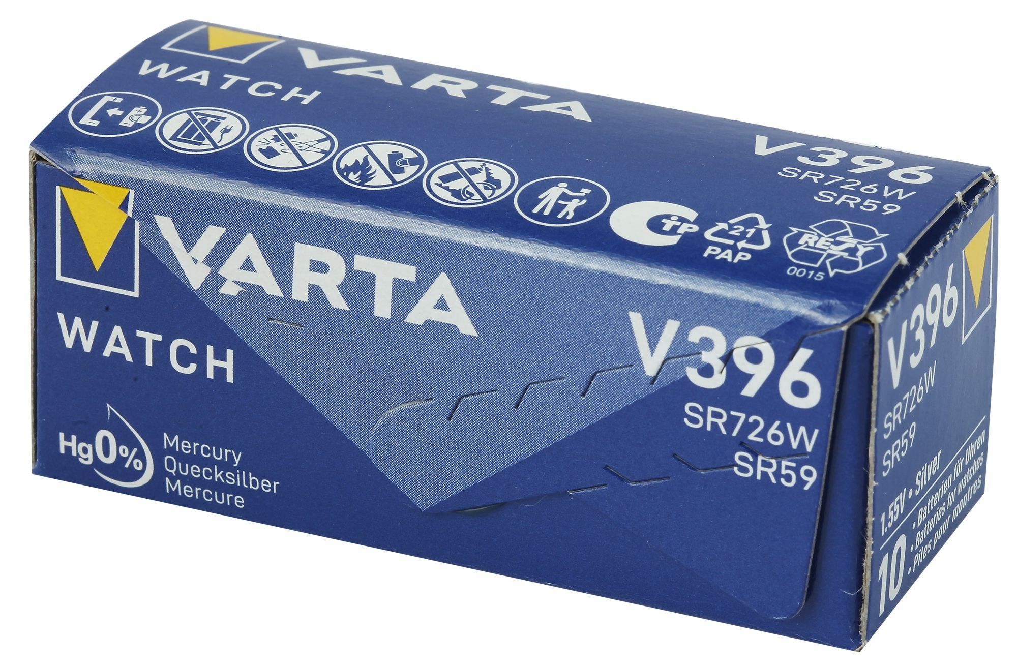 Varta Batterie V396/556 (AG2 //SR726W) Silberoxid Knopfzellen 1,55 V - Verpackungseinheit 10 Stück