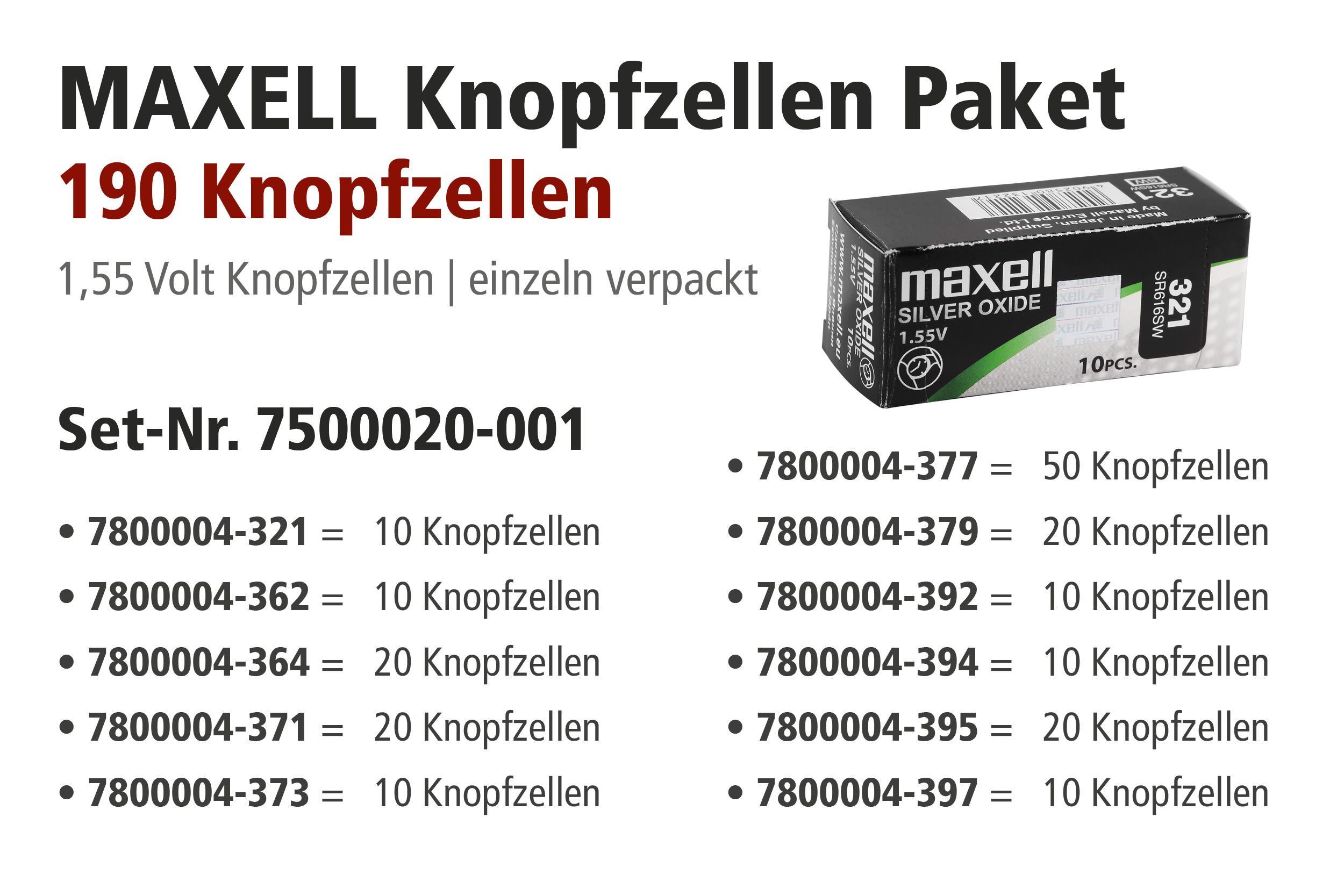 Maxell Aktionspaket mit Knopfzellen im Display, 321er - 397er