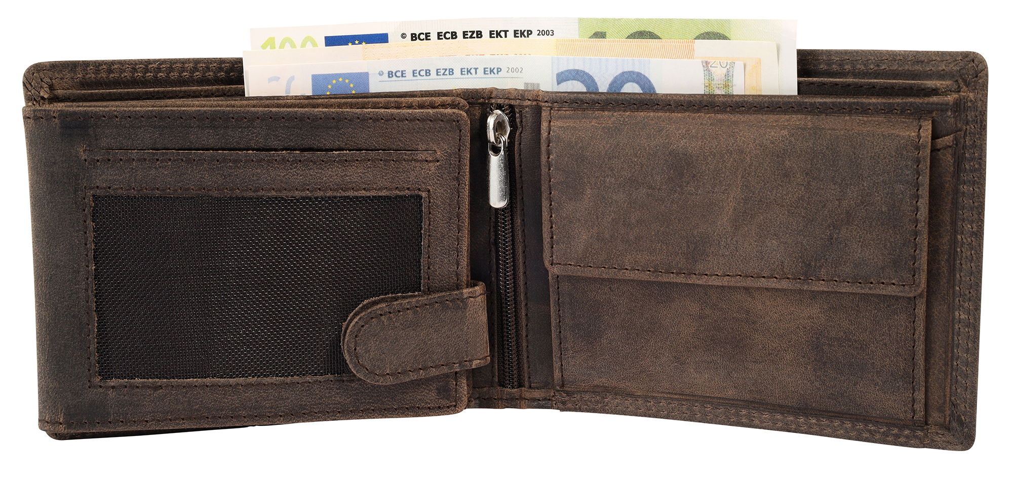 Akzent Echt Leder (Hunter-Leder) Geldbörse, RFID, Querformat, "Fischer/ Angler", dunkelbraun