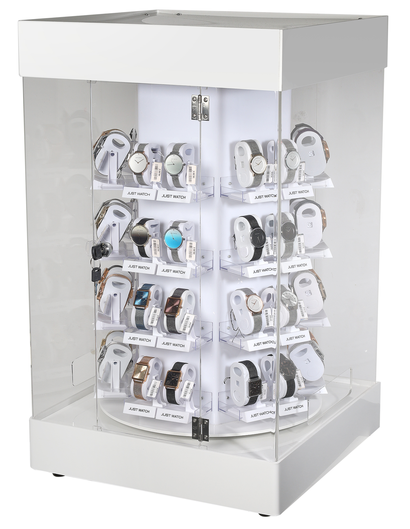 Display weiß/transparent für 48 Uhren, 47 x 47 x 80 cm