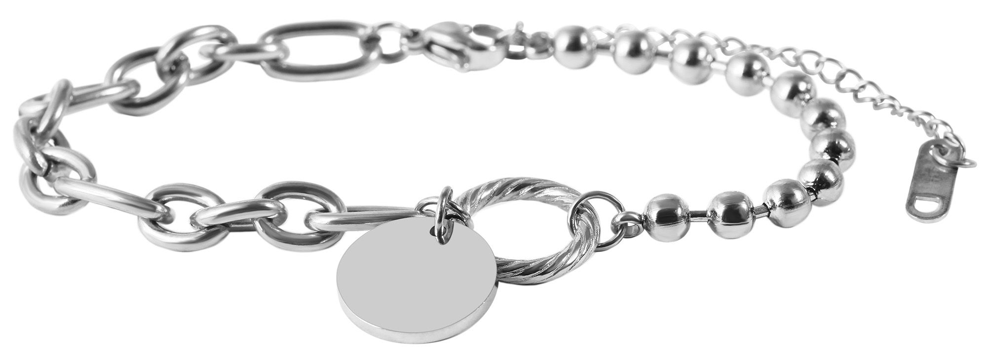 "Baiba" Edelstahl Armband mit Gravurmünze, 17+3 cm, silberfarben