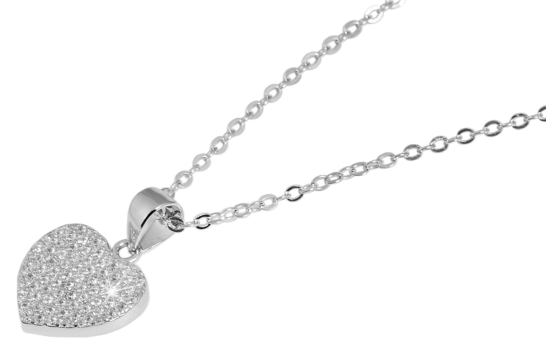 925/- Echt Silber Kette "Heli" mit Herz-Anhänger und Zirkoniabesatz, 43+5 cm, 925/rhodiniert