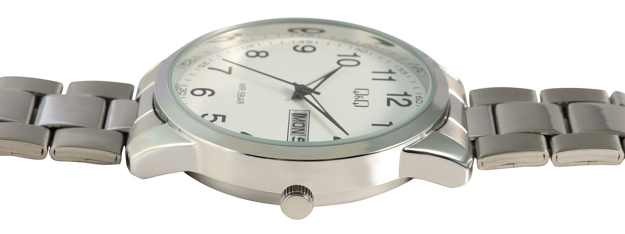 Q&Q Herrenuhr mit Gliederarmband aus Edelstahl, 5 ATM, silberfarben/ZB weiß