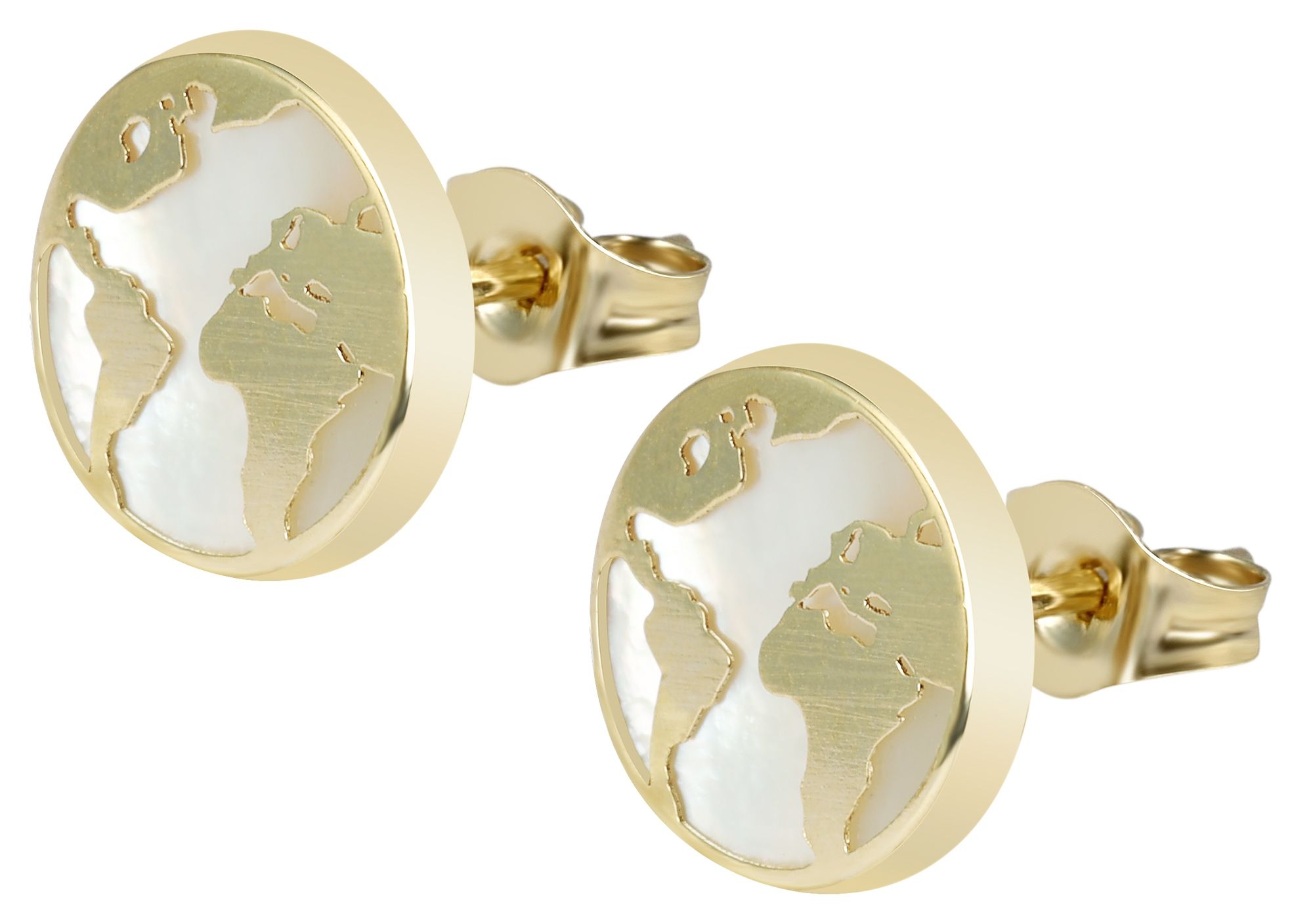 333/- Gold Ohrstecker, rund, Weltkarte, Perlmutt, Gelbgold, 8 Karat