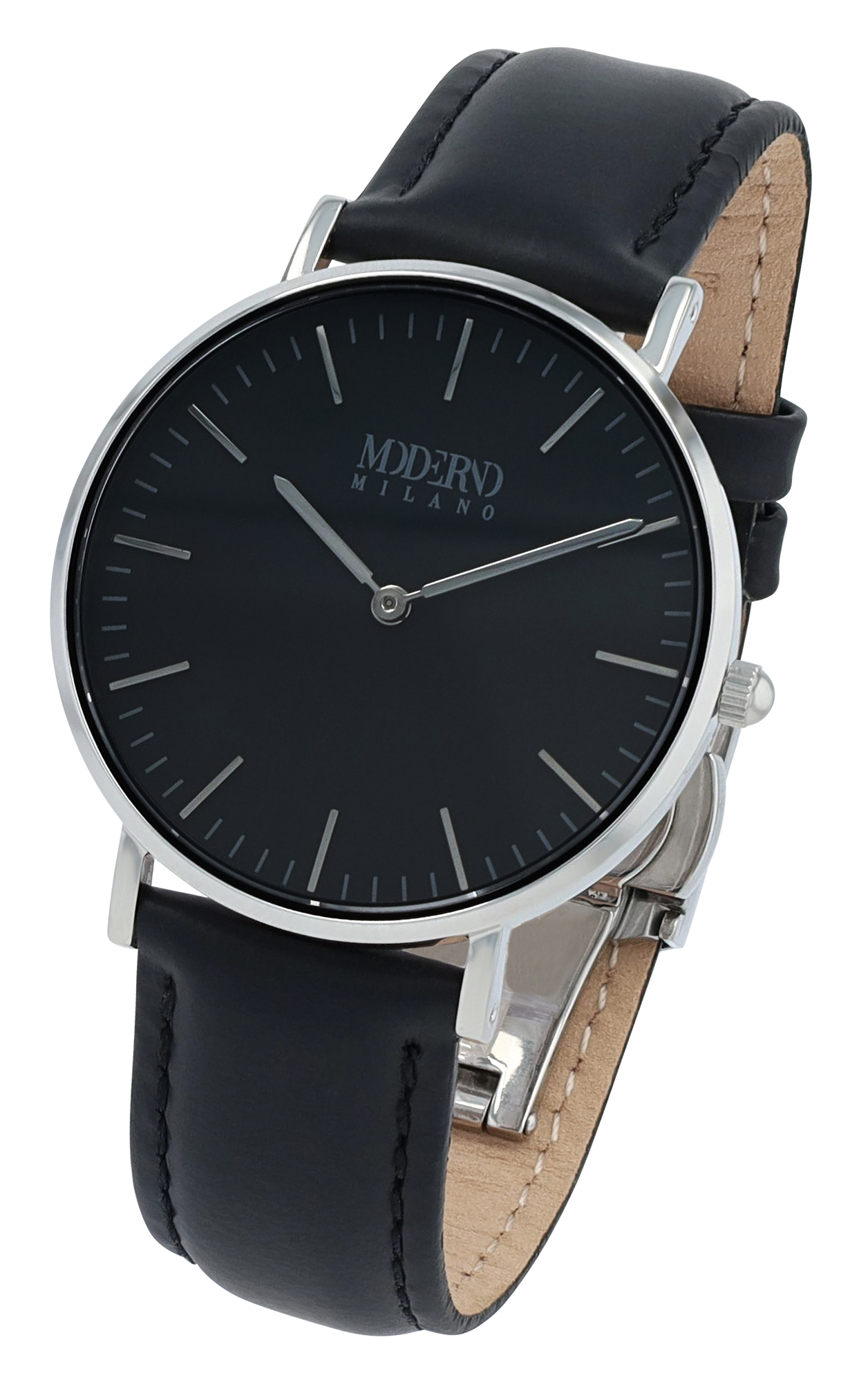 Moderno Milano Edelstahl Damenuhr Ø 36,5 mm, Echtlederband, Saphirglas, schwarz/ silberfarben