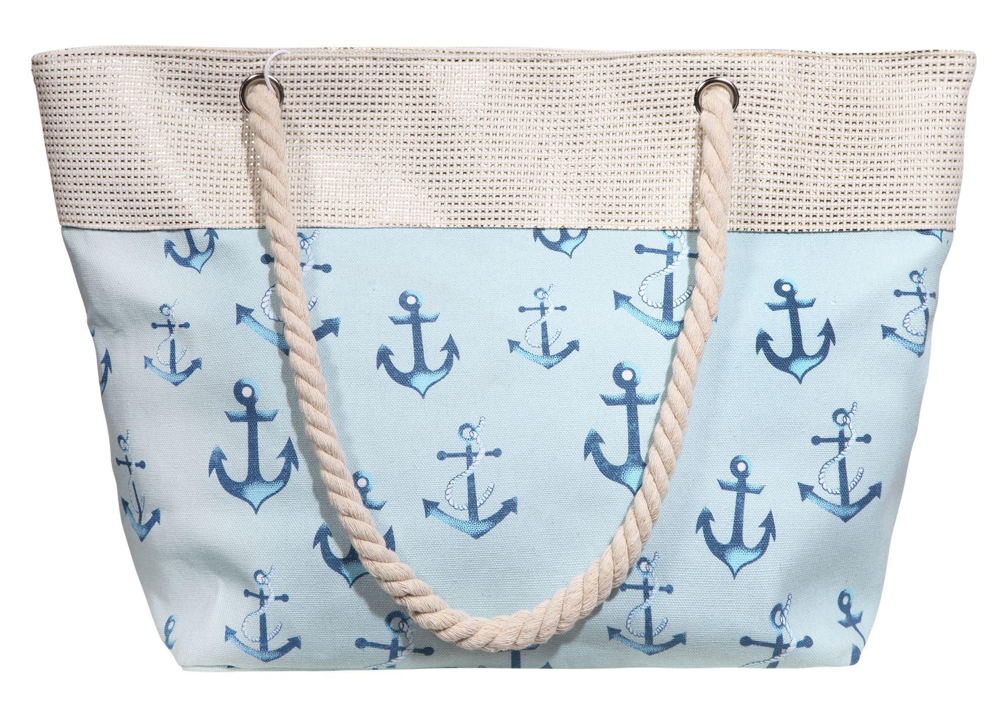 Strandtasche aus Textil mit Ankermotiven in Hellblau