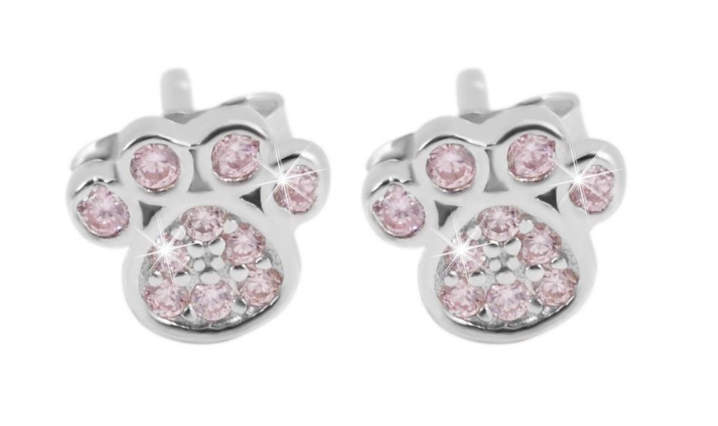 "Samtpfötchen Dorina" 925/rh Echt Silber, Kinder Ohrstecker - Pfoten, Zirkonia rosa, rhodiniert